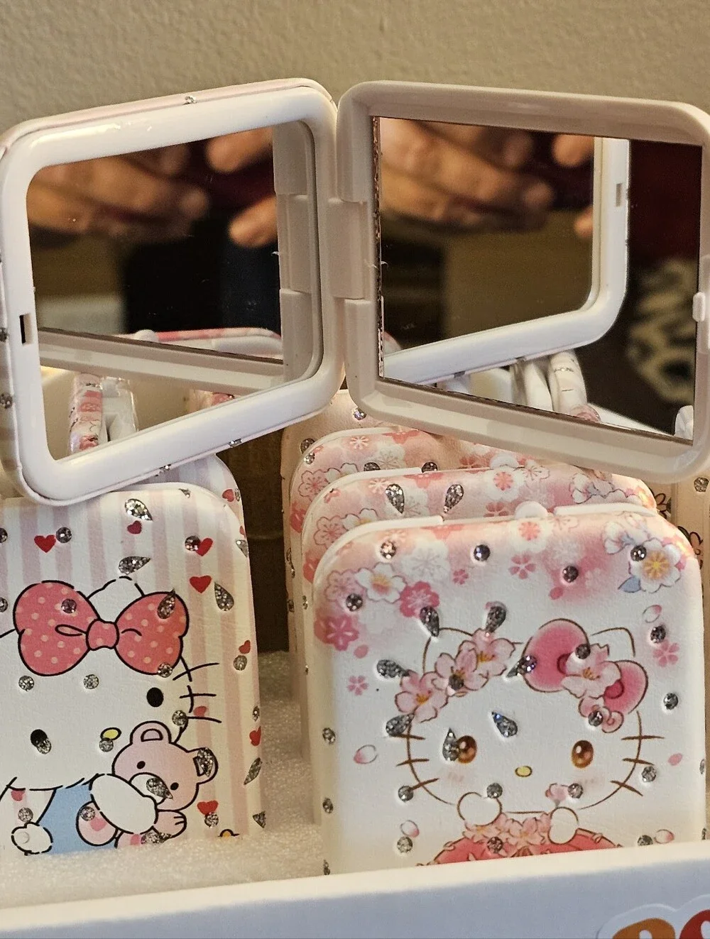 Hello Kitty White and Pink Floral Rhinestone Compact Mirror